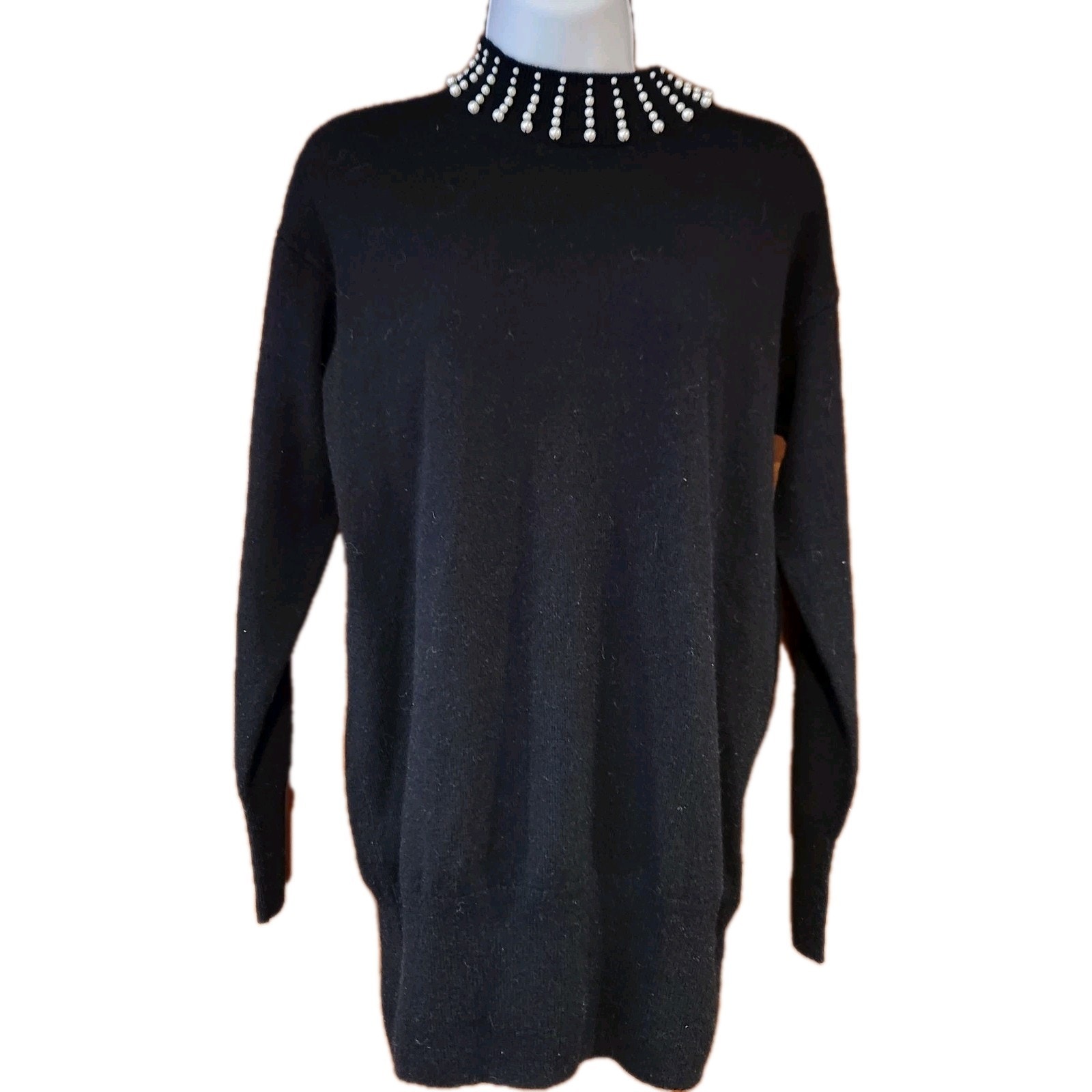 Nwot Hallhuber Black Merino Wool Turtleneck With Beaded Collar Sz S